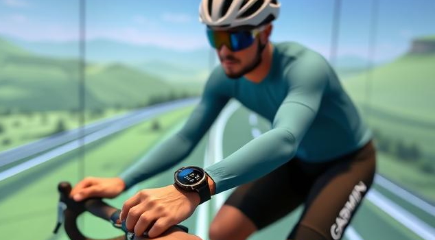 Cyclist using indoor bike with fitness tracking technology